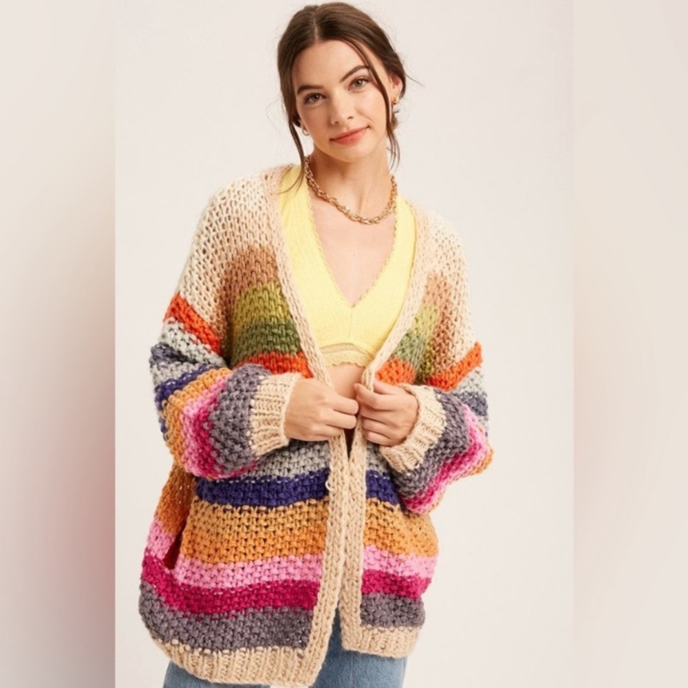 Chunky Knit, Hand Crocheted Colorful Cardigan